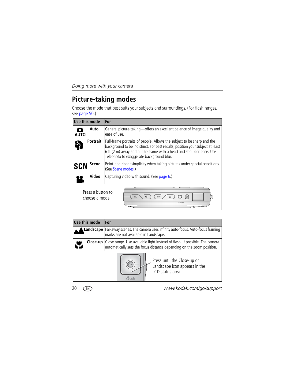 Picture-taking modes | Kodak V550 User Manual | Page 26 / 72