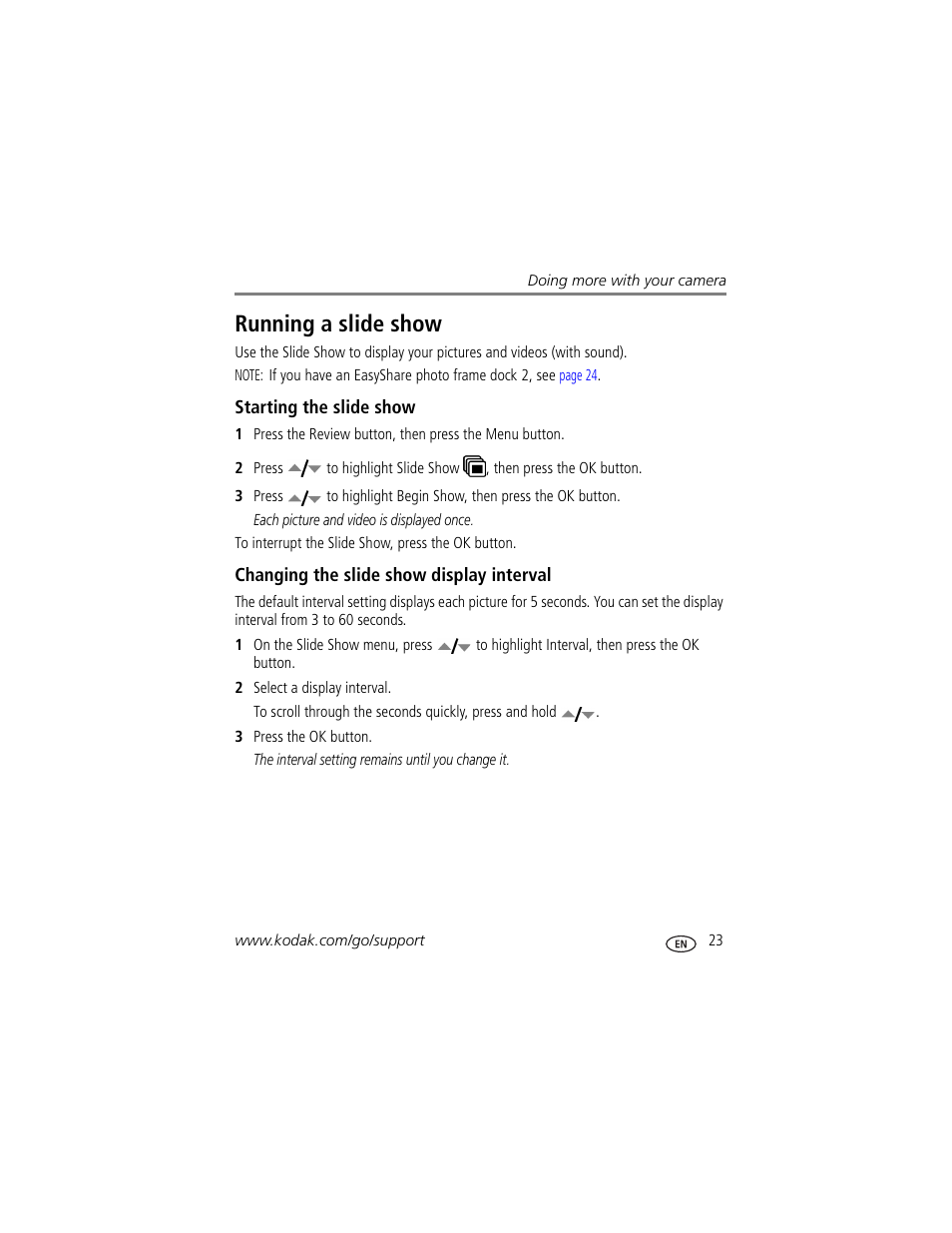 Running a slide show, Starting the slide show, Changing the slide show display interval | Kodak V550 User Manual | Page 29 / 72