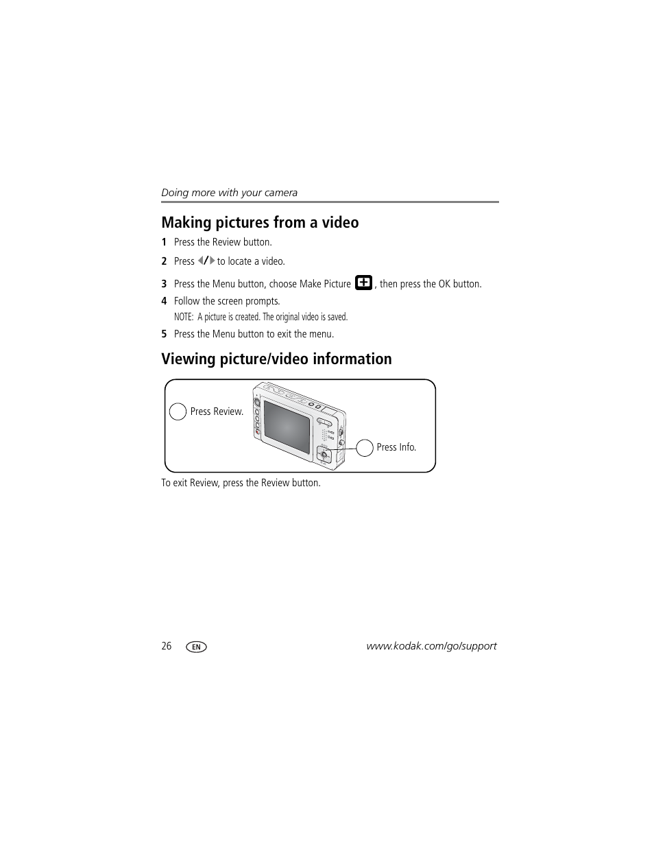 Viewing picture/video information, Making pictures from a video | Kodak V550 User Manual | Page 32 / 72
