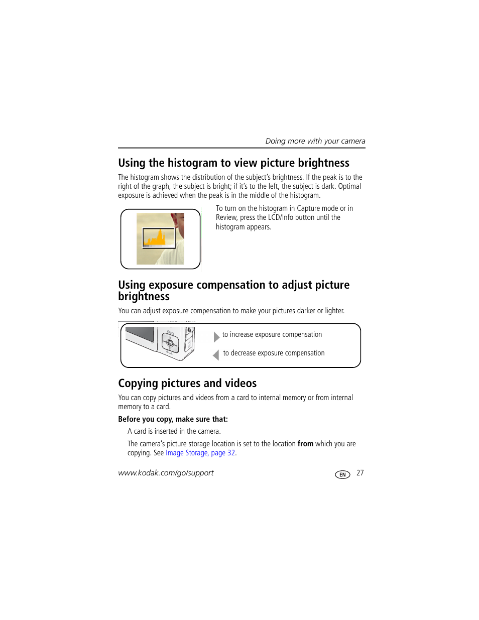 Copying pictures and videos, Using the histogram to view picture brightness | Kodak V550 User Manual | Page 33 / 72