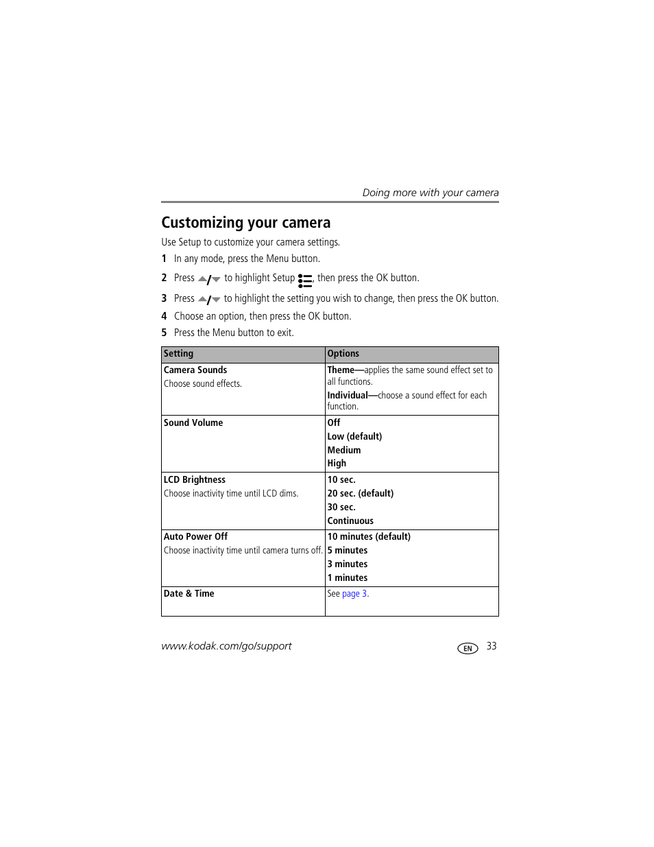 Customizing your camera | Kodak V550 User Manual | Page 39 / 72