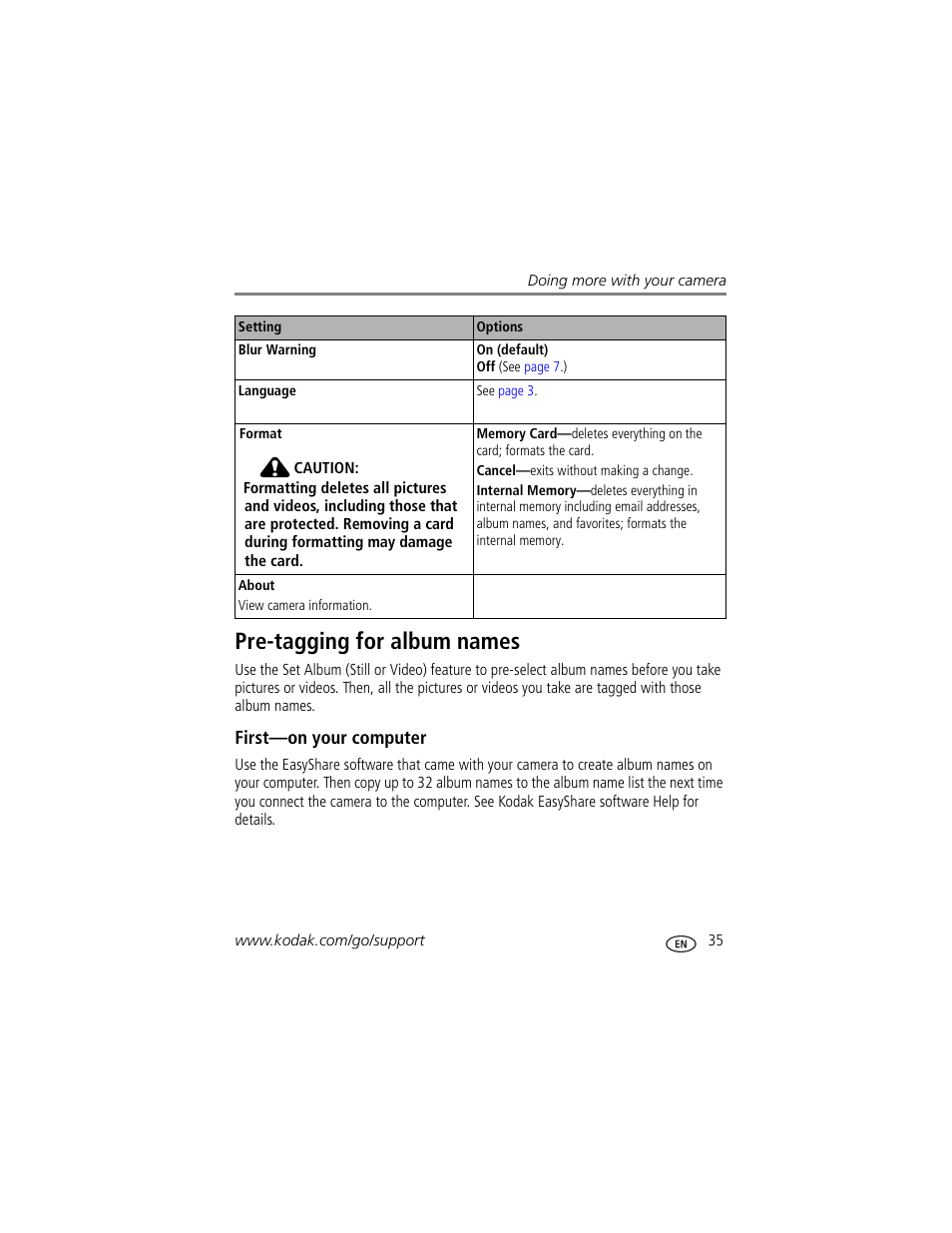 Pre-tagging for album names, First-on your computer | Kodak V550 User Manual | Page 41 / 72