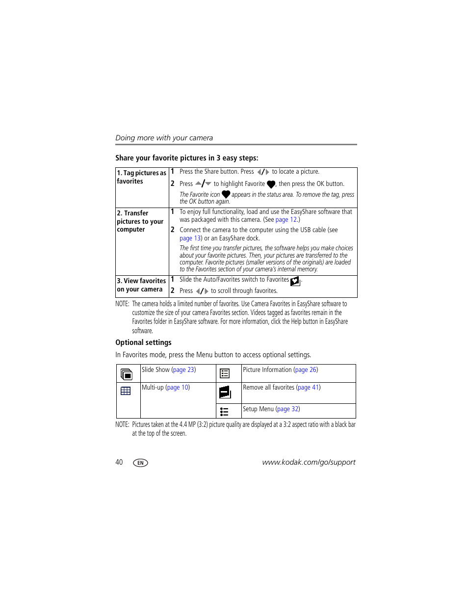 Optional settings | Kodak V550 User Manual | Page 46 / 72