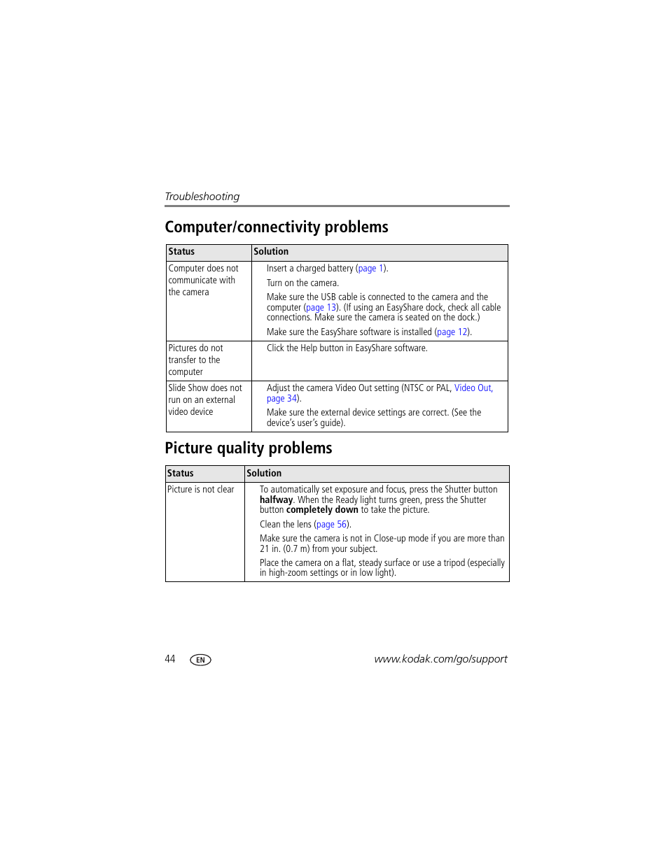 Picture quality problems | Kodak V550 User Manual | Page 50 / 72