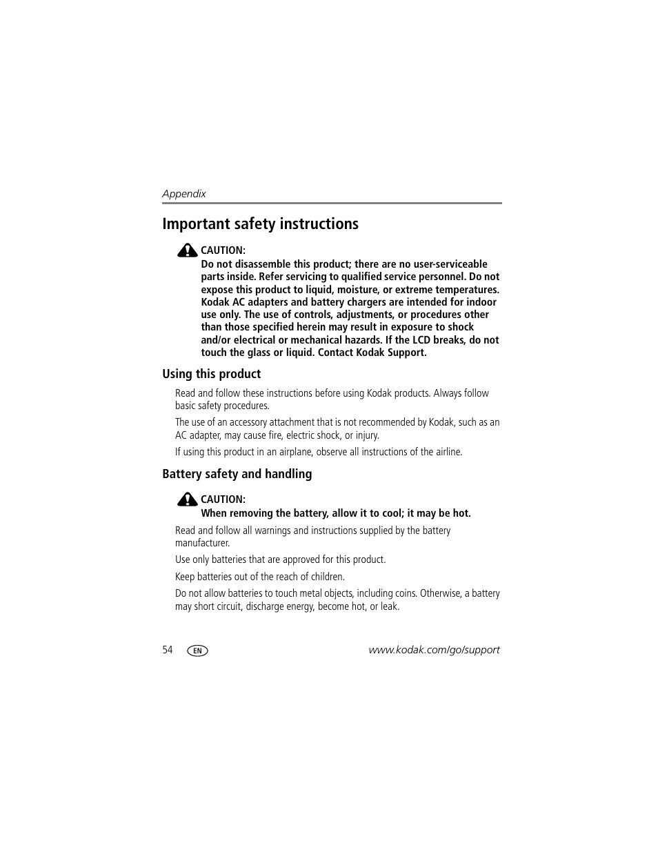 Using this product, Battery safety and handling, Important safety instructions | Kodak V550 User Manual | Page 60 / 72