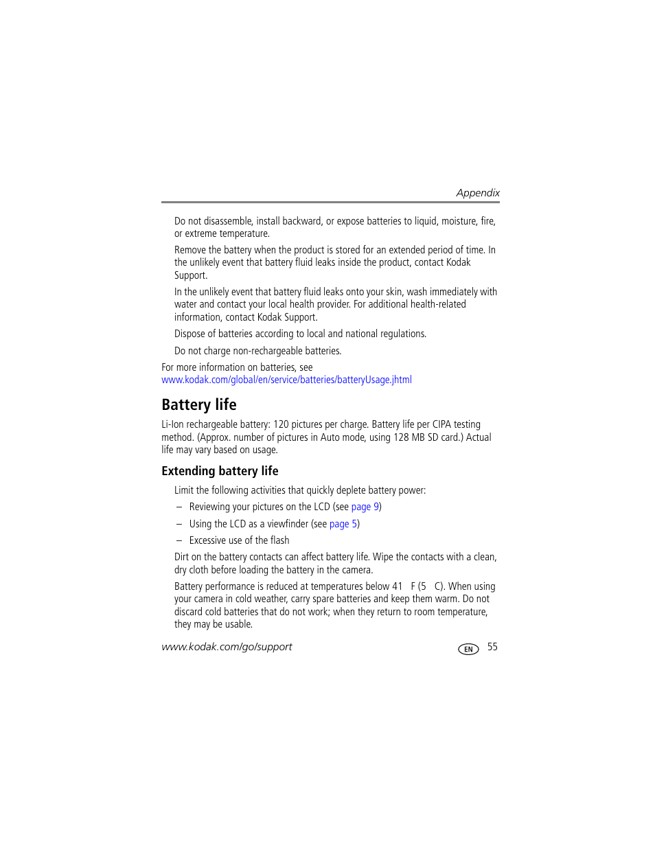 Battery life, Extending battery life, Alled | Kodak V550 User Manual | Page 61 / 72