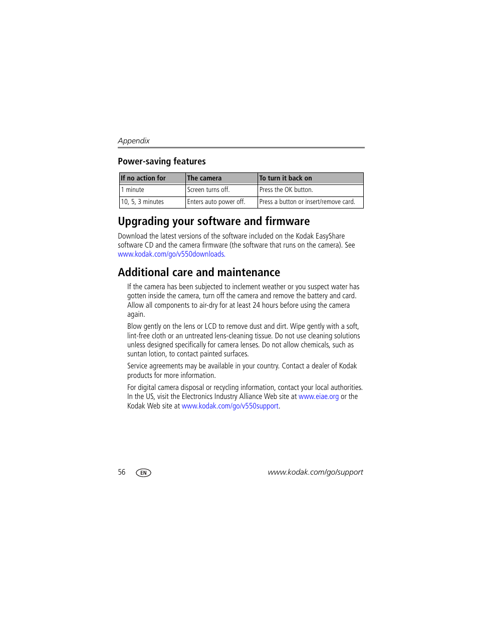 Power-saving features, Upgrading your software and firmware, Additional care and maintenance | The lens | Kodak V550 User Manual | Page 62 / 72
