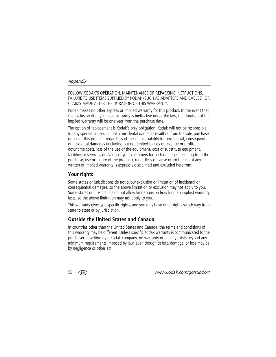 Your rights, Outside the united states and canada | Kodak V550 User Manual | Page 64 / 72