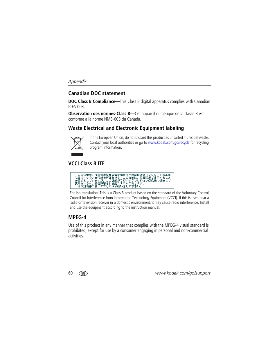 Waste electrical and electronic equipment labeling, Vcci class b ite, Mpeg-4 | Kodak V550 User Manual | Page 66 / 72