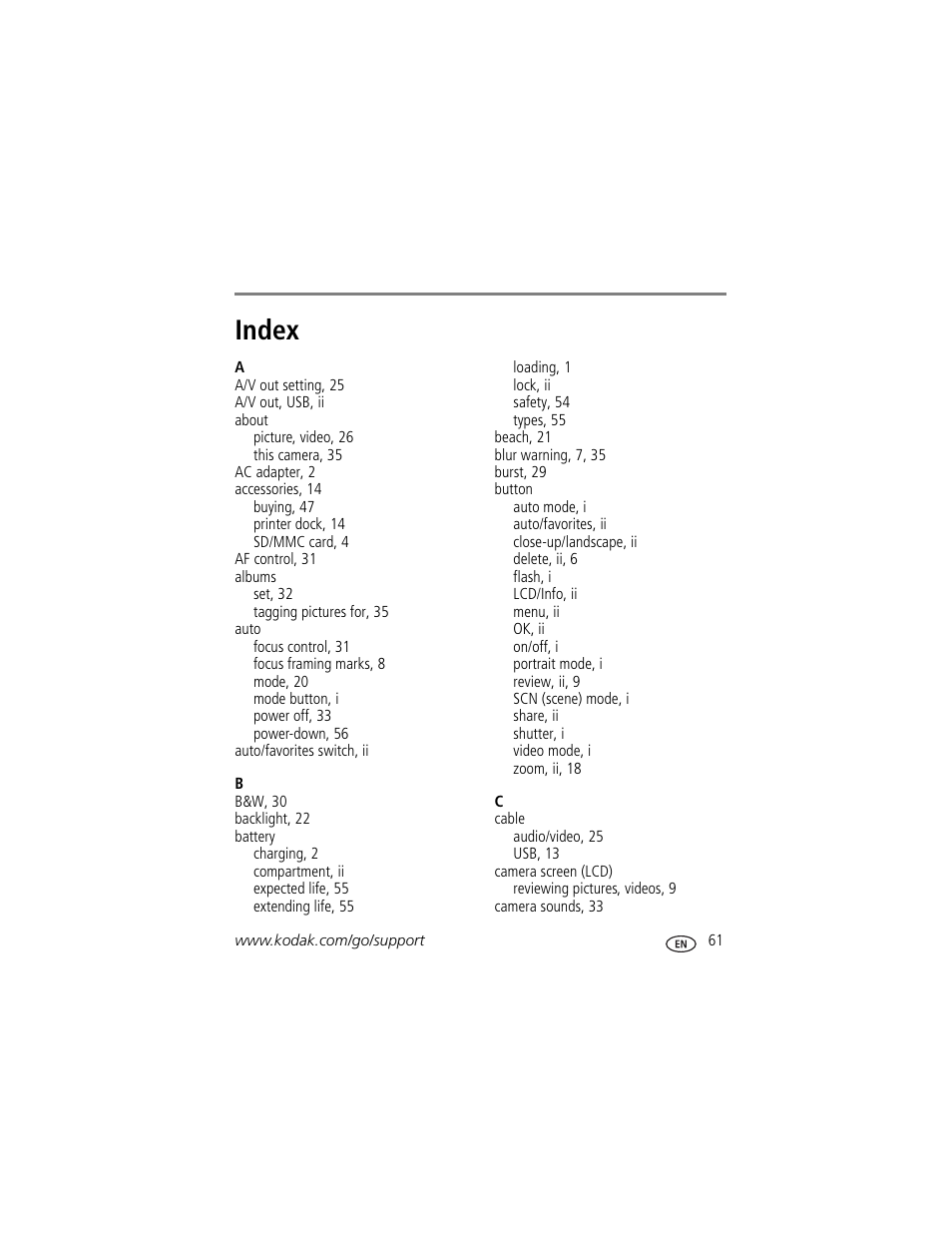 Index | Kodak V550 User Manual | Page 67 / 72