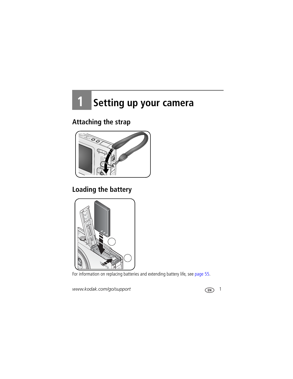 Setting up your camera, Attaching the strap, Loading the battery | 1 setting up your camera, Attaching the strap loading the battery | Kodak V550 User Manual | Page 7 / 72