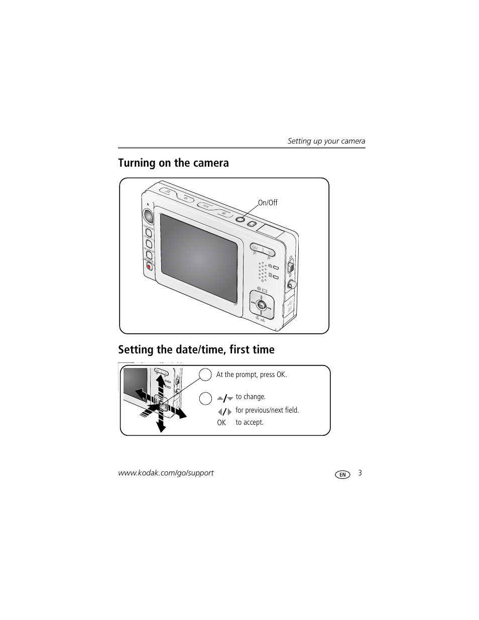 Setting the date/time, first time | Kodak V550 User Manual | Page 9 / 72
