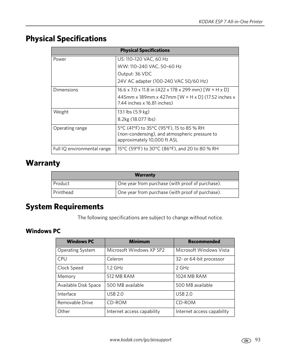 Physical specifications, Warranty, System requirements | Windows pc | Kodak ESP 7 User Manual | Page 101 / 120