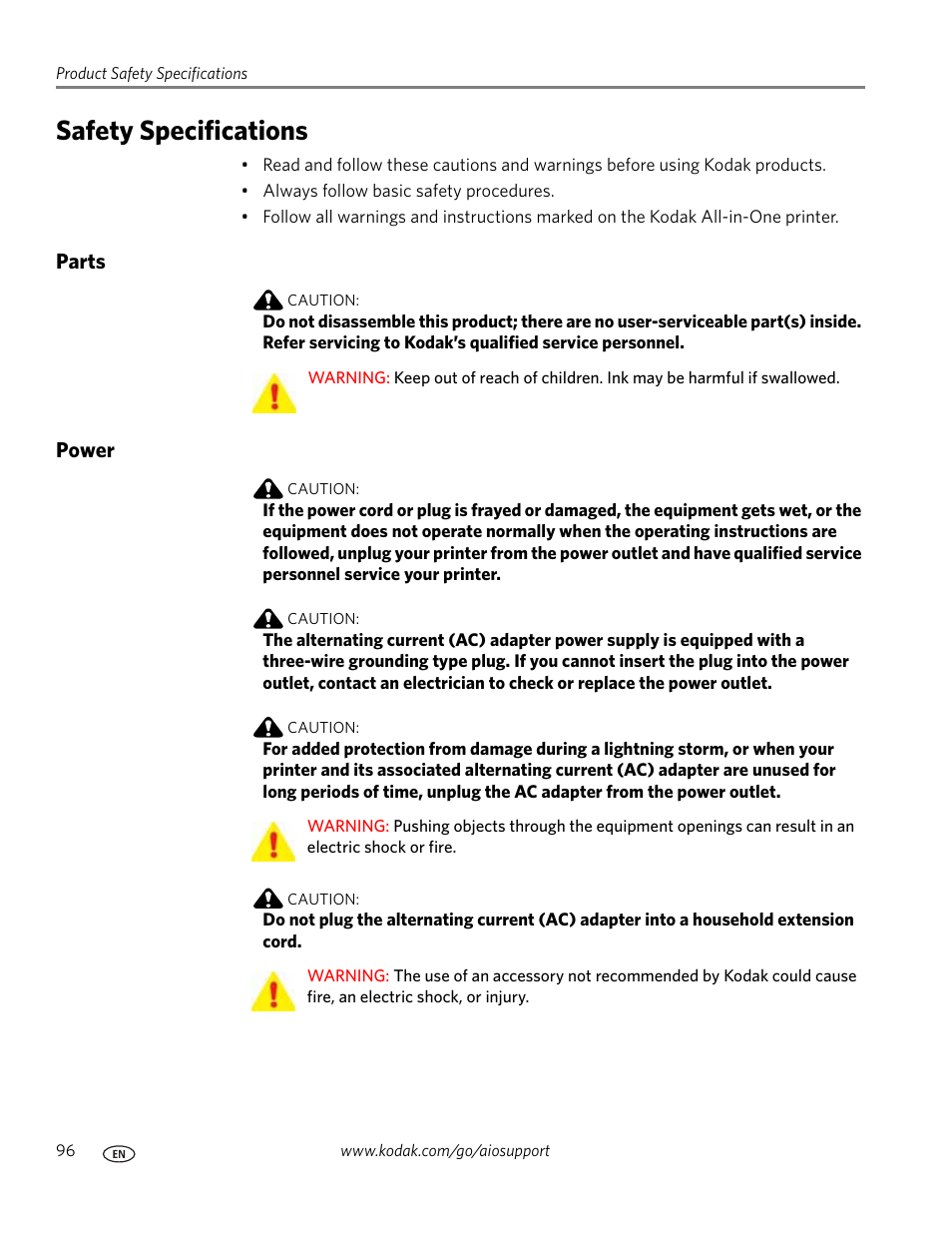 Safety specifications, Parts, Power | Parts power | Kodak ESP 7 User Manual | Page 104 / 120