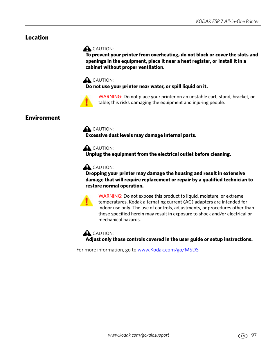 Location, Environment, Location environment | Kodak ESP 7 User Manual | Page 105 / 120