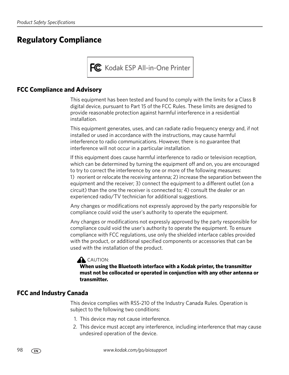 Regulatory compliance, Fcc compliance and advisory, Fcc and industry canada | Kodak ESP 7 User Manual | Page 106 / 120