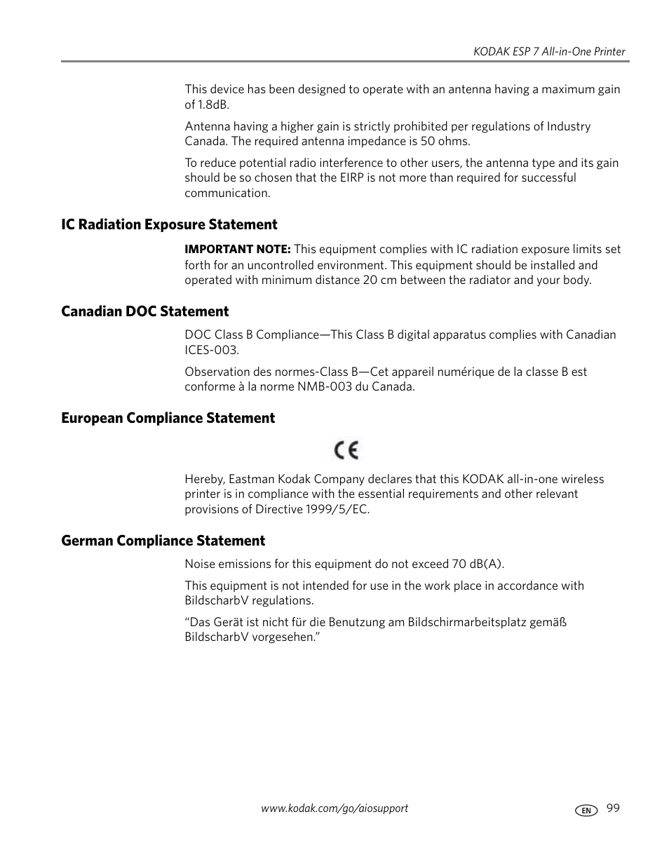 Ic radiation exposure statement, Canadian doc statement, European compliance statement | German compliance statement | Kodak ESP 7 User Manual | Page 107 / 120