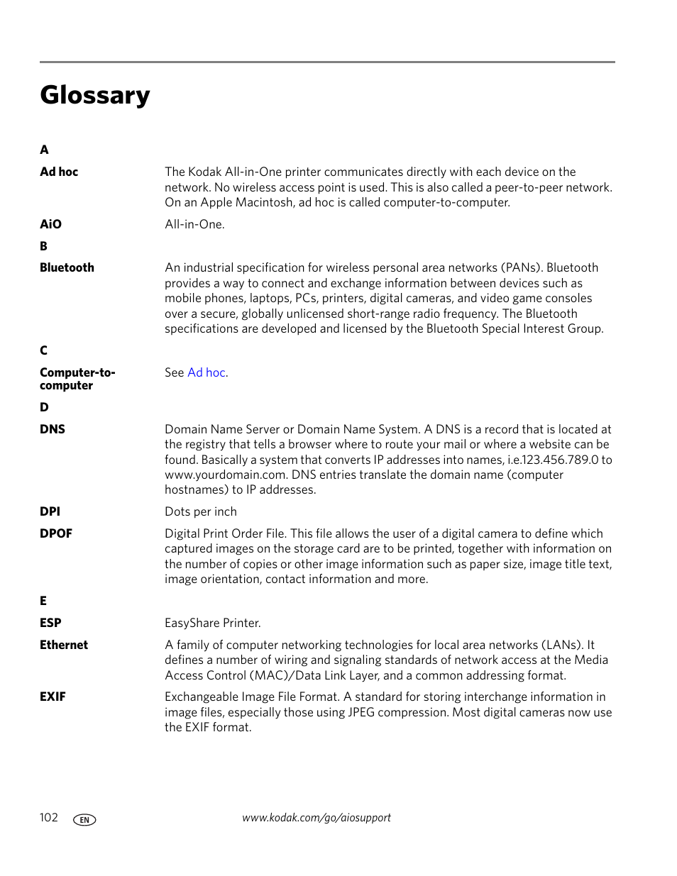 Glossary | Kodak ESP 7 User Manual | Page 110 / 120