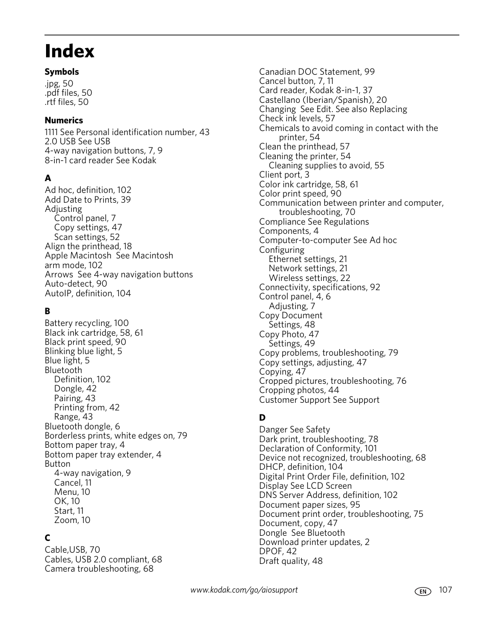 Index | Kodak ESP 7 User Manual | Page 115 / 120