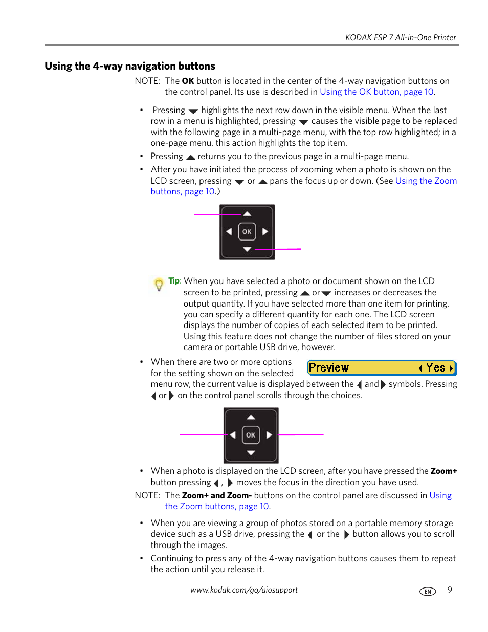 Using the 4-way navigation buttons | Kodak ESP 7 User Manual | Page 17 / 120