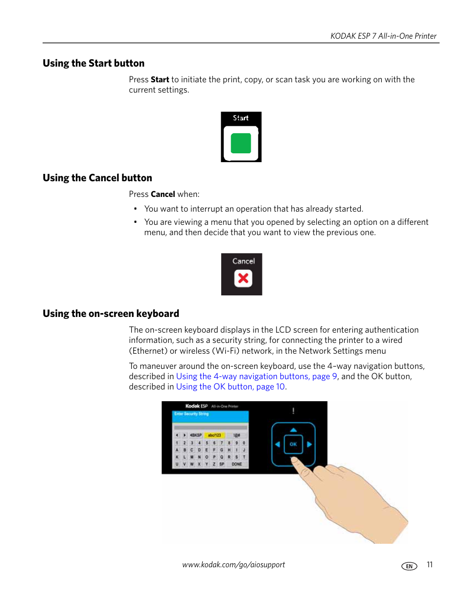 Using the start button, Using the cancel button, Using the on-screen keyboard | Kodak ESP 7 User Manual | Page 19 / 120