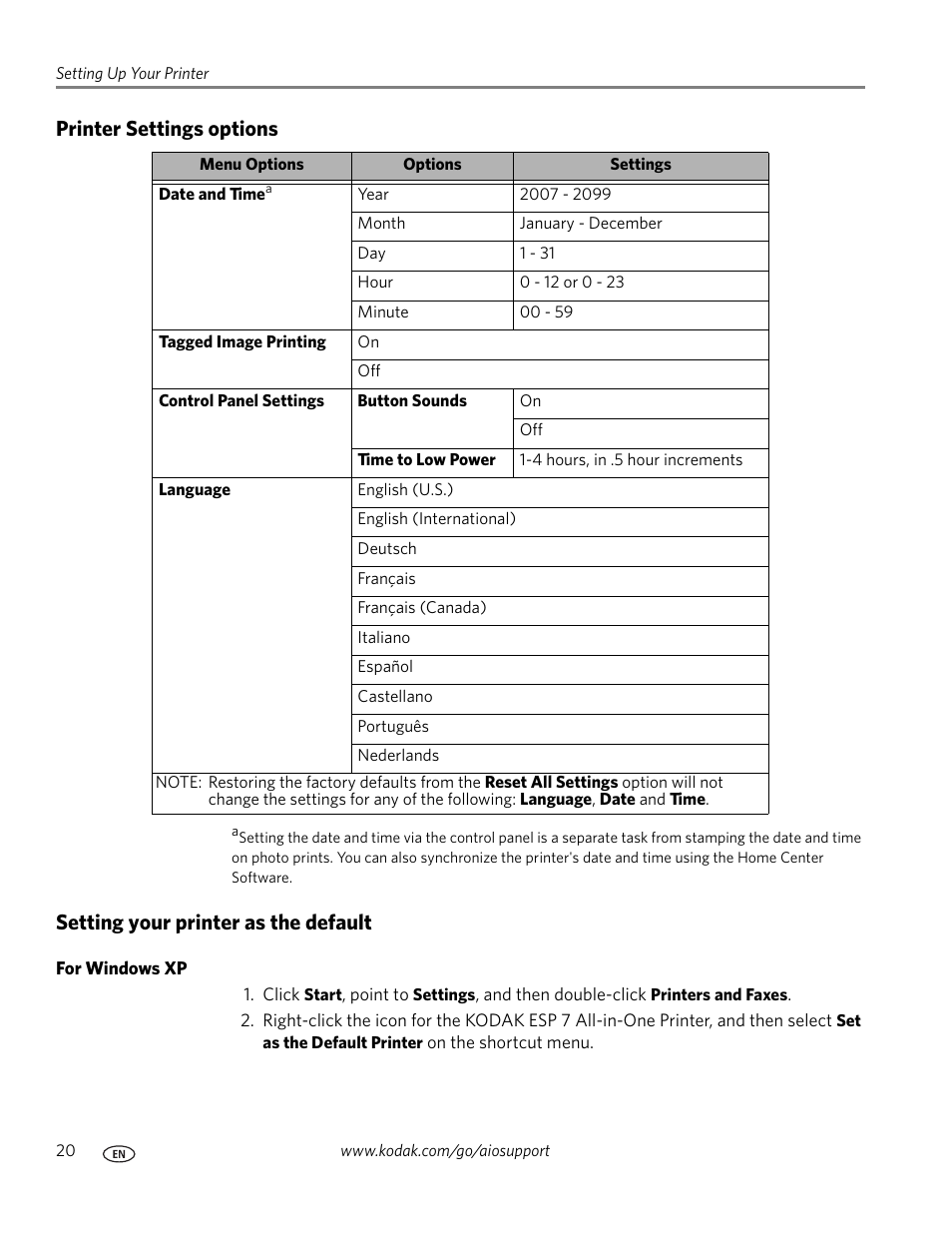 Printer settings options, Setting your printer as the default, For windows xp | Ings, see | Kodak ESP 7 User Manual | Page 28 / 120