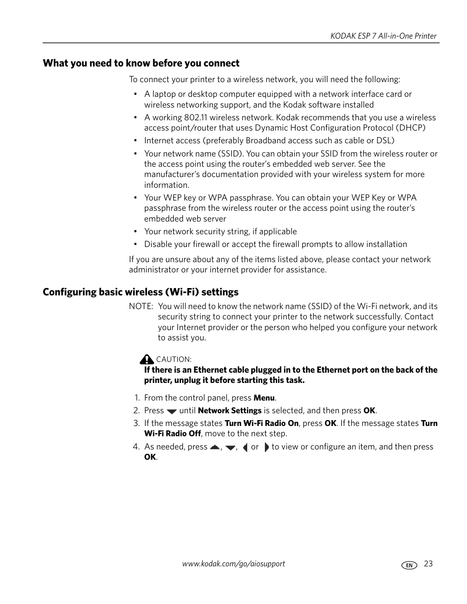 What you need to know before you connect, Configuring basic wireless (wi-fi) settings | Kodak ESP 7 User Manual | Page 31 / 120