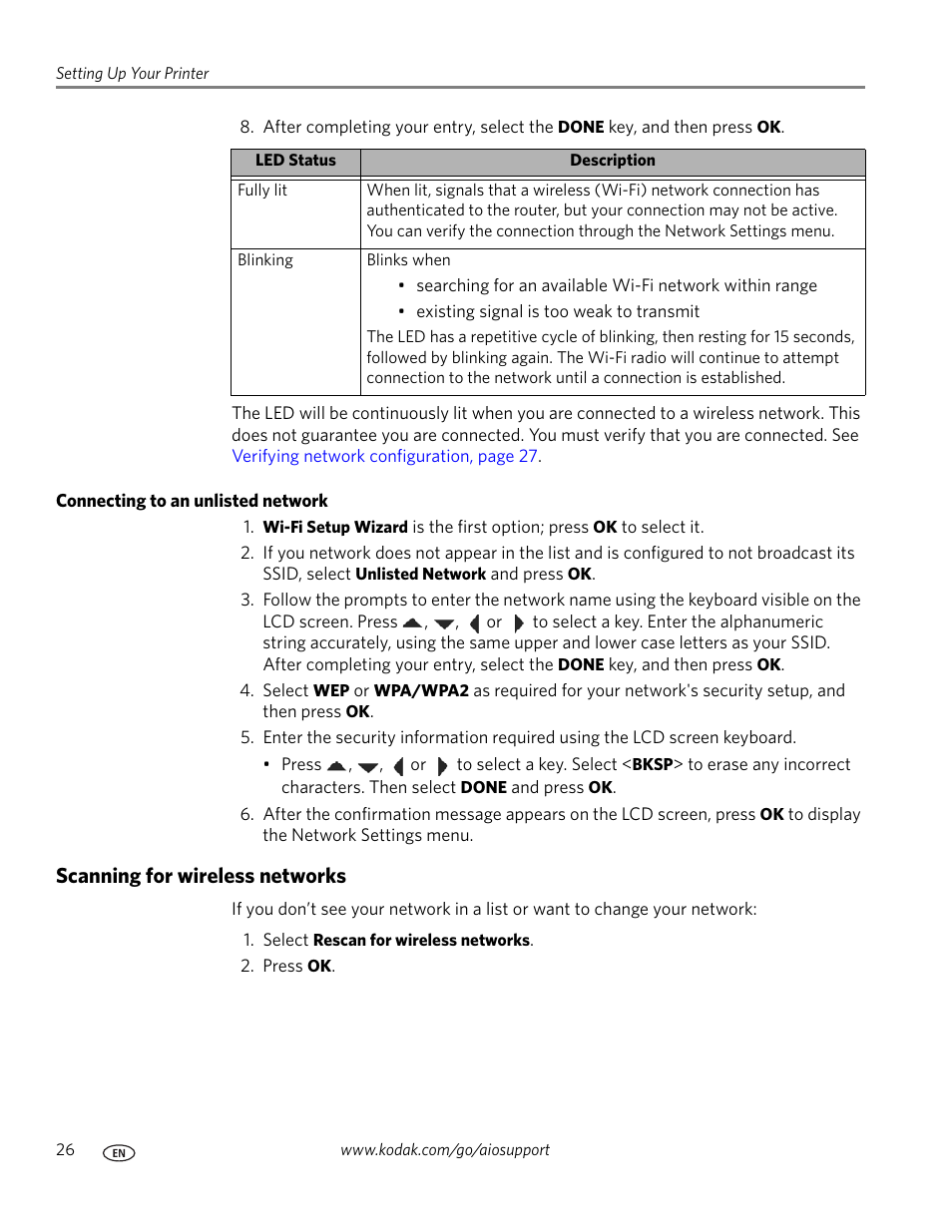 Connecting to an unlisted network, Scanning for wireless networks | Kodak ESP 7 User Manual | Page 34 / 120