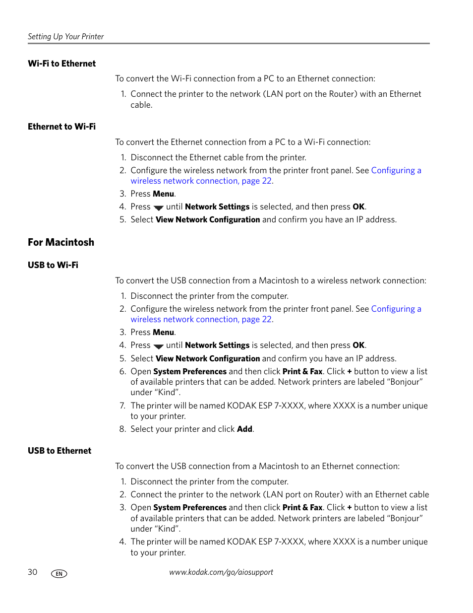 Wi-fi to ethernet, Ethernet to wi-fi, For macintosh | Usb to wi-fi, Usb to ethernet | Kodak ESP 7 User Manual | Page 38 / 120