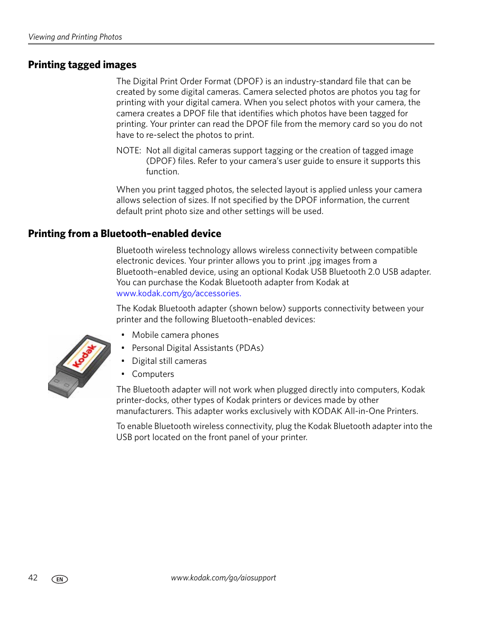 Printing tagged images, Printing from a bluetooth–enabled device | Kodak ESP 7 User Manual | Page 50 / 120