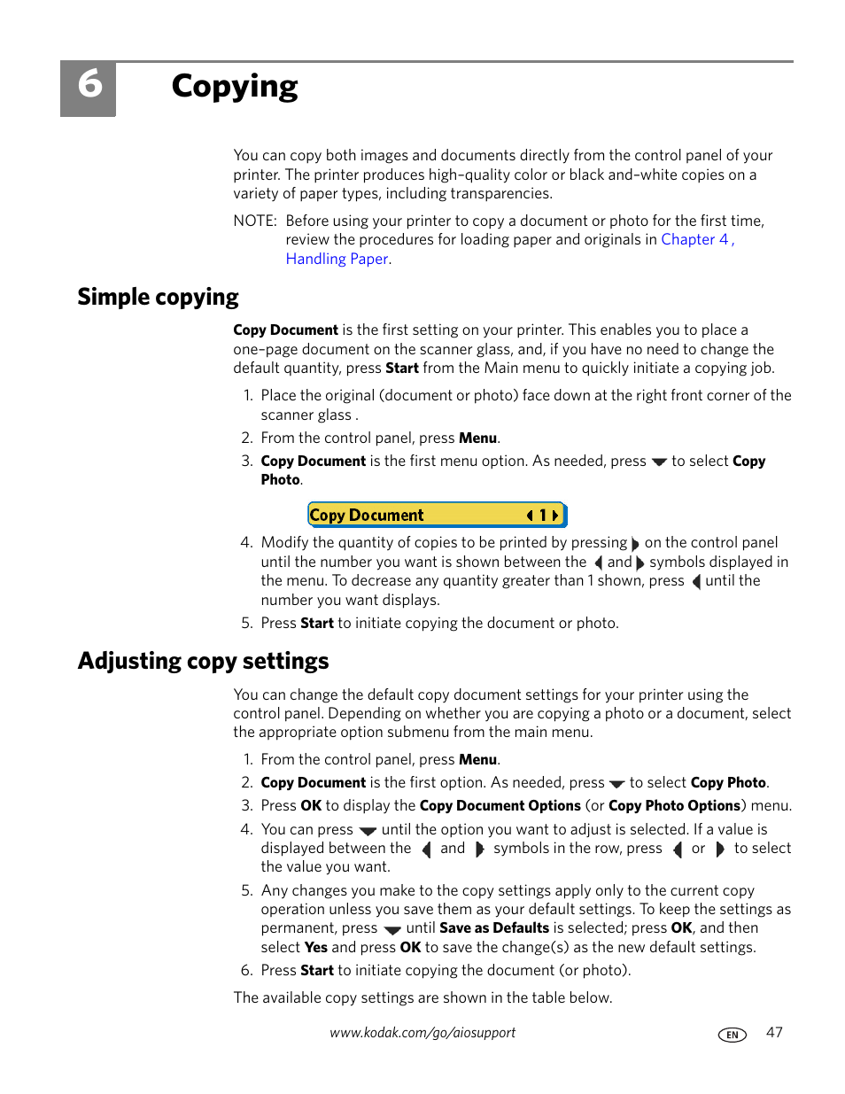 Copying, Simple copying, Adjusting copy settings | 6 copying, Simple copying adjusting copy settings | Kodak ESP 7 User Manual | Page 55 / 120