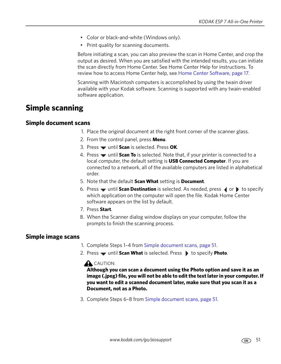 Simple scanning, Simple document scans, Simple image scans | Simple document scans simple image scans | Kodak ESP 7 User Manual | Page 59 / 120