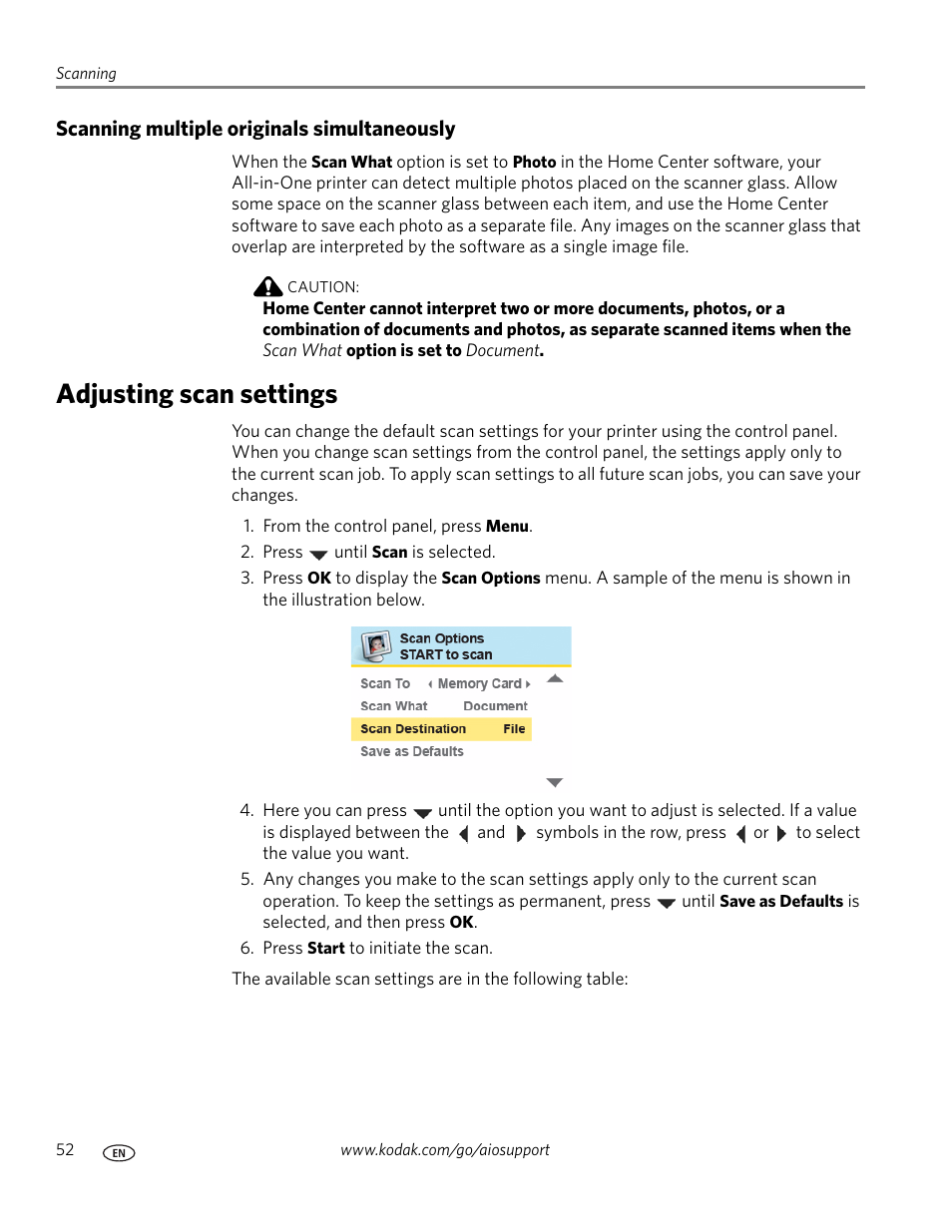 Scanning multiple originals simultaneously, Adjusting scan settings | Kodak ESP 7 User Manual | Page 60 / 120