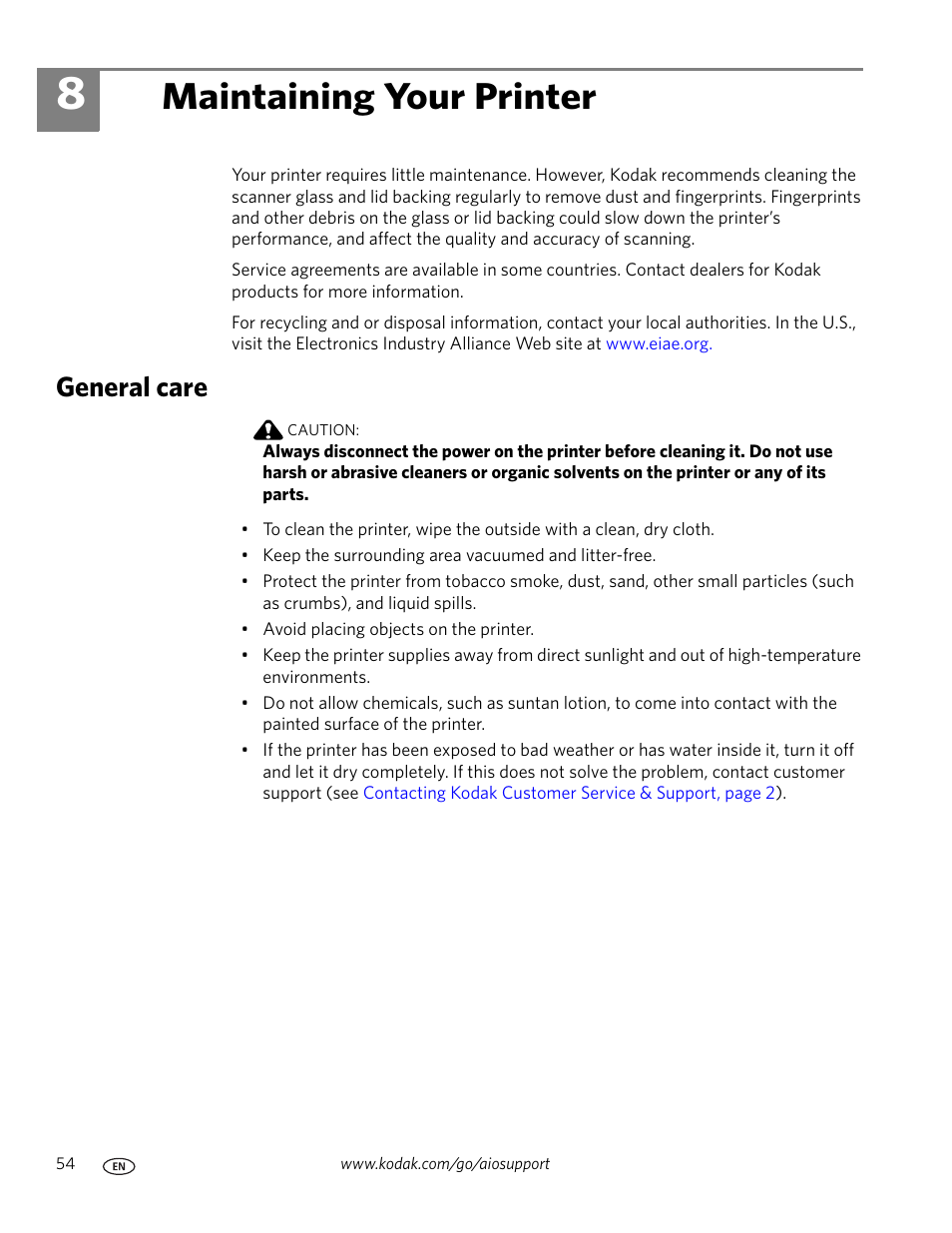 Maintaining your printer, General care, 8 maintaining your printer | Kodak ESP 7 User Manual | Page 62 / 120