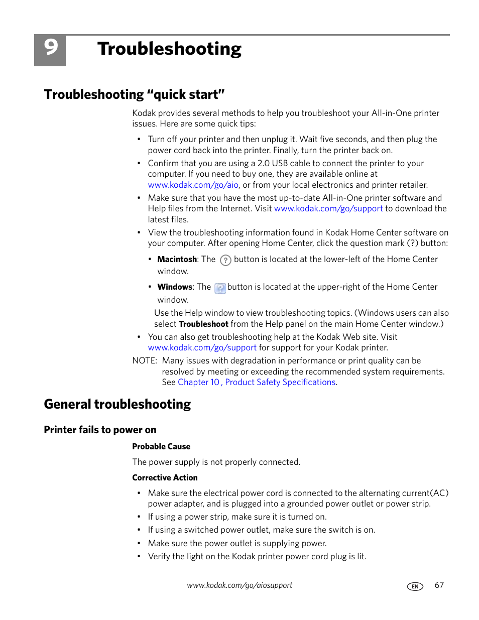 Troubleshooting, Troubleshooting “quick start, General troubleshooting | Printer fails to power on, 9 troubleshooting, Chapter 9 , troubleshooting | Kodak ESP 7 User Manual | Page 75 / 120