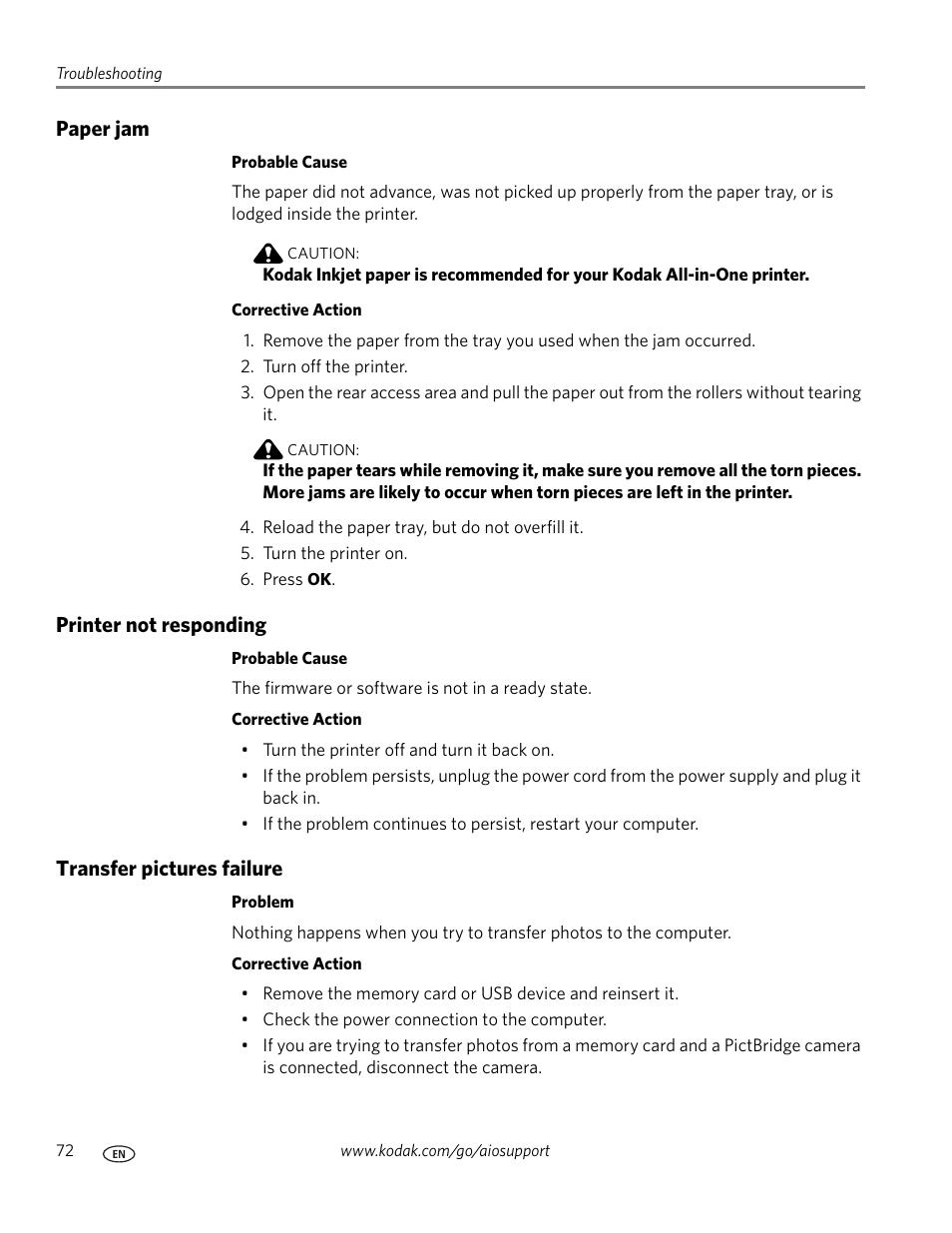 Paper jam, Printer not responding, Transfer pictures failure | Kodak ESP 7 User Manual | Page 80 / 120