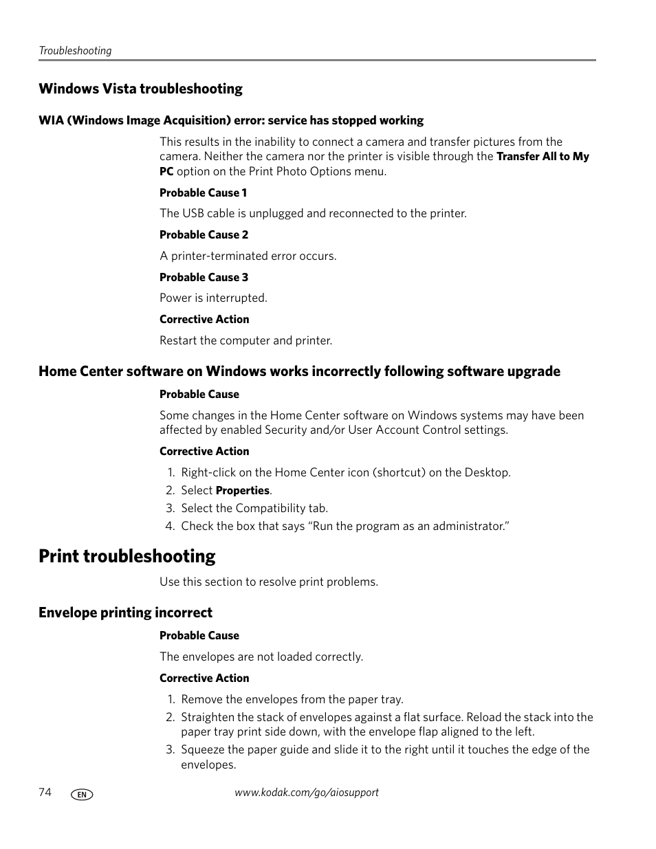 Windows vista troubleshooting, Print troubleshooting, Envelope printing incorrect | Kodak ESP 7 User Manual | Page 82 / 120