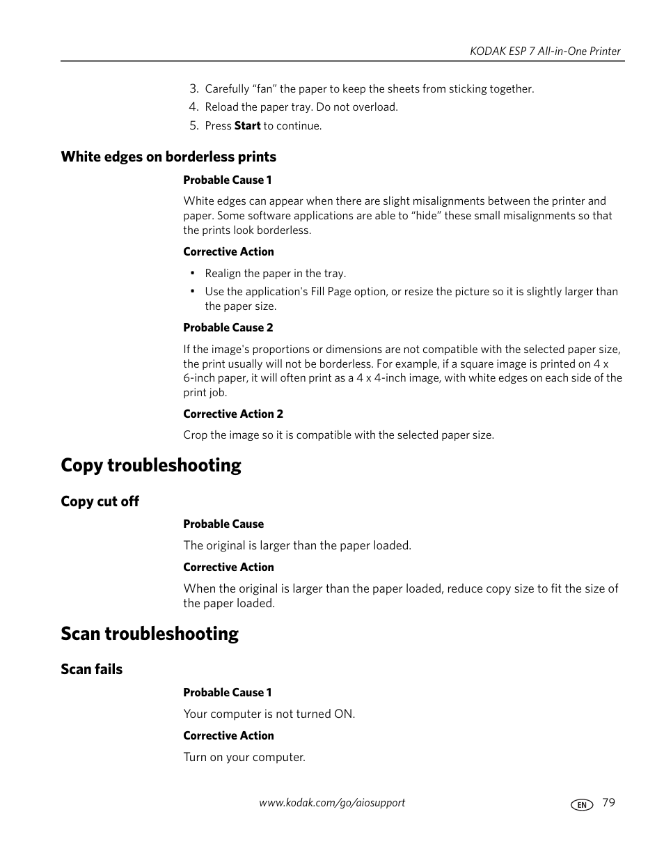 White edges on borderless prints, Copy troubleshooting, Copy cut off | Scan troubleshooting, Scan fails | Kodak ESP 7 User Manual | Page 87 / 120