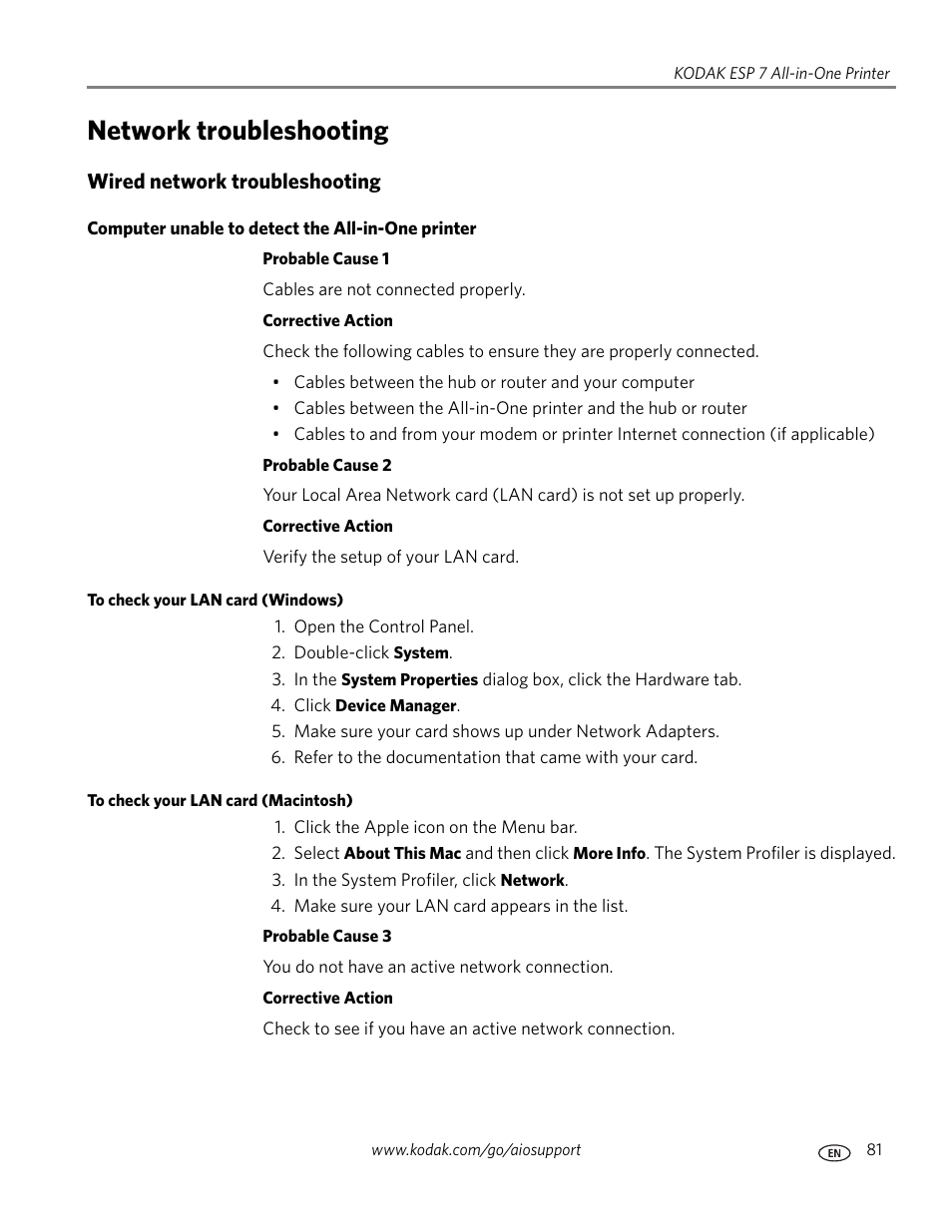 Network troubleshooting, Wired network troubleshooting, Computer unable to detect the all-in-one printer | To check your lan card (windows), To check your lan card (macintosh) | Kodak ESP 7 User Manual | Page 89 / 120