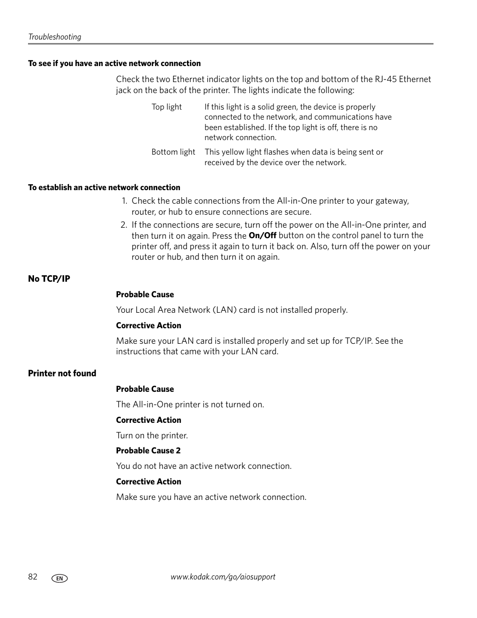 To see if you have an active network connection, To establish an active network connection, No tcp/ip | Printer not found | Kodak ESP 7 User Manual | Page 90 / 120