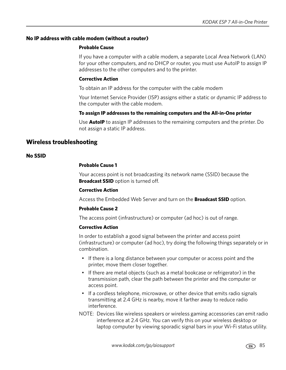 No ip address with cable modem (without a router), Wireless troubleshooting, No ssid | Kodak ESP 7 User Manual | Page 93 / 120