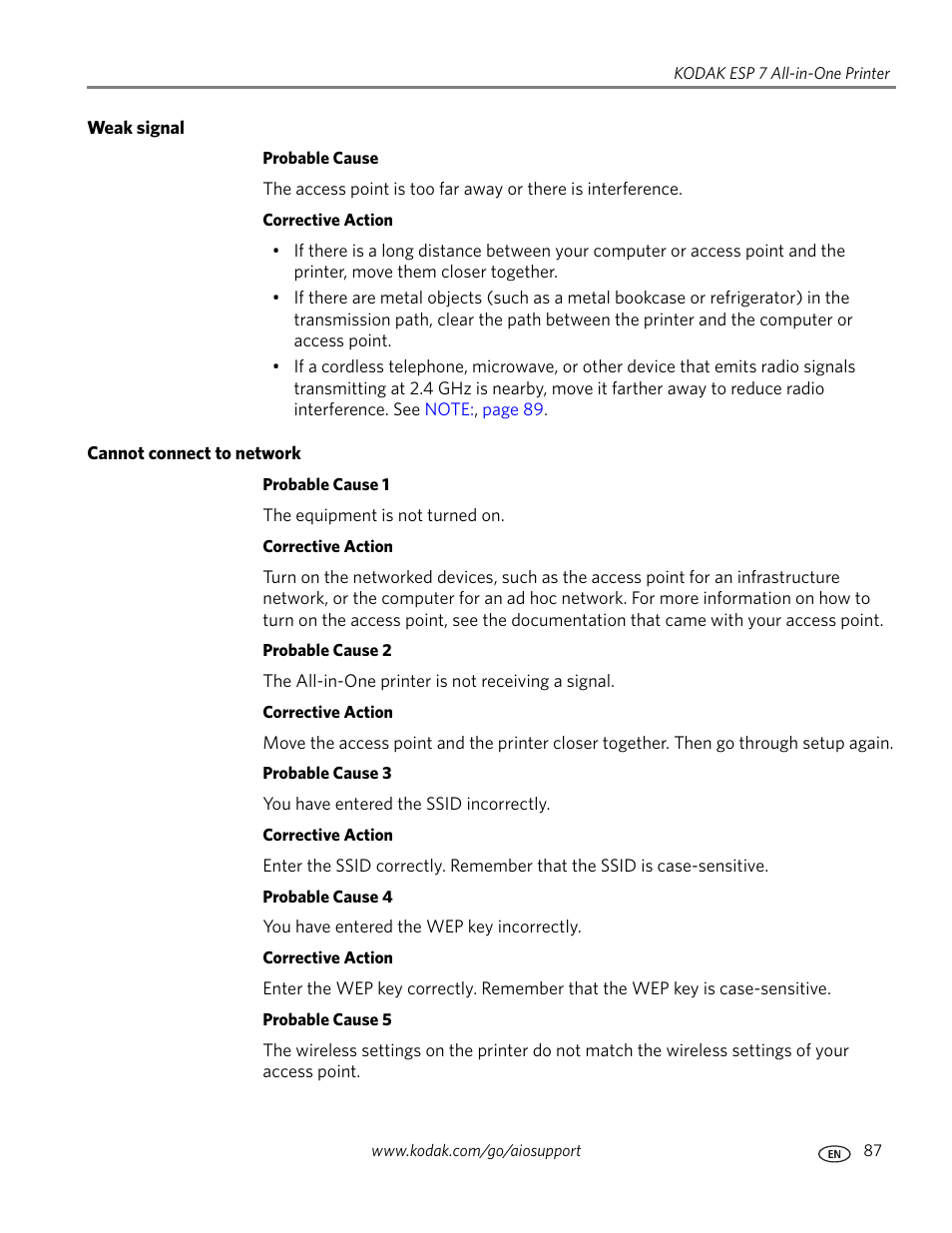 Weak signal, Cannot connect to network | Kodak ESP 7 User Manual | Page 95 / 120