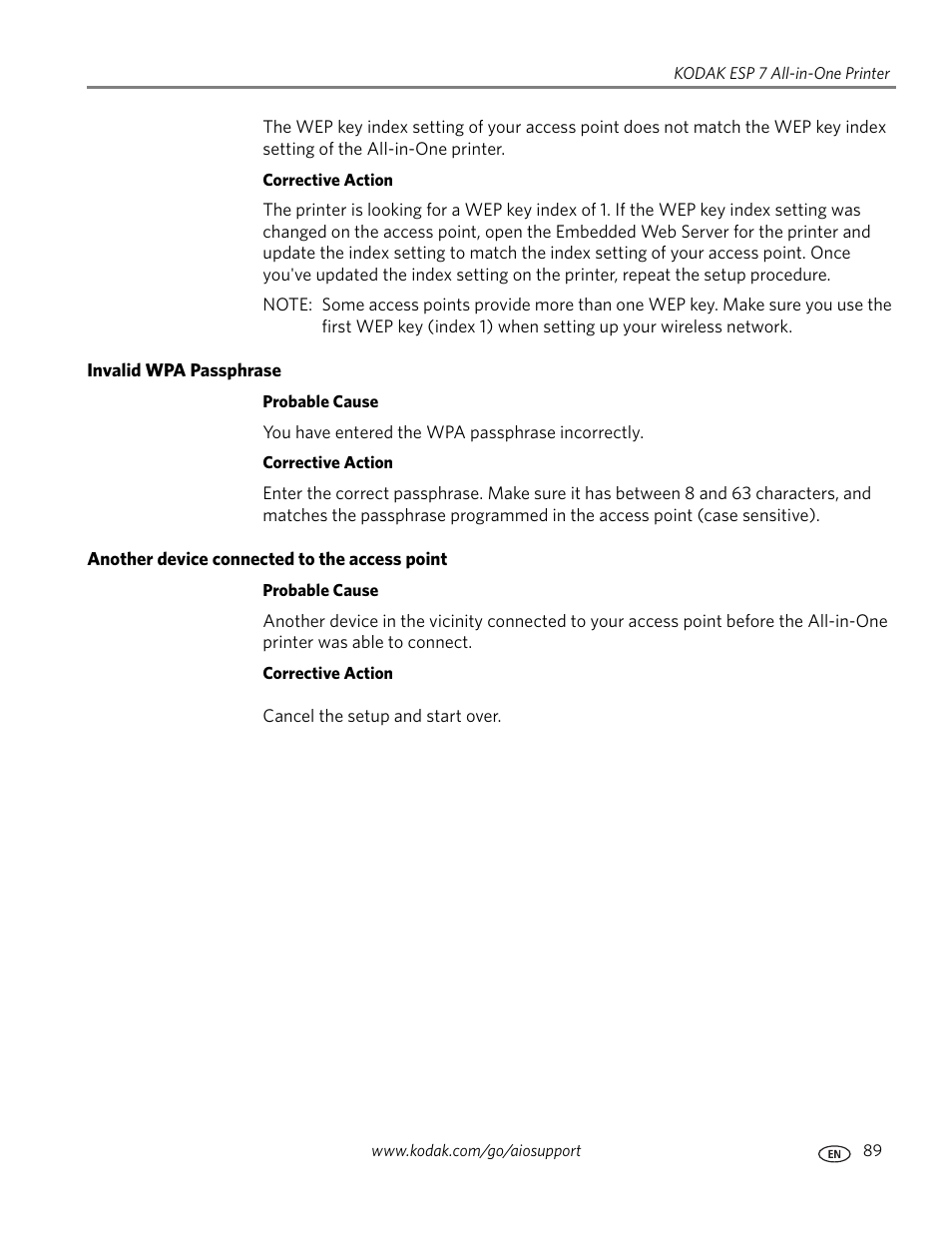 Invalid wpa passphrase, Another device connected to the access point | Kodak ESP 7 User Manual | Page 97 / 120