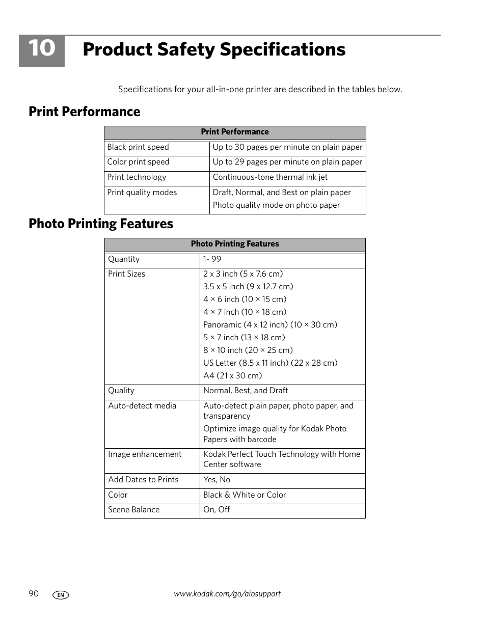 Product safety specifications, Print performance, Photo printing features | 10 product safety specifications, Print performance photo printing features | Kodak ESP 7 User Manual | Page 98 / 120