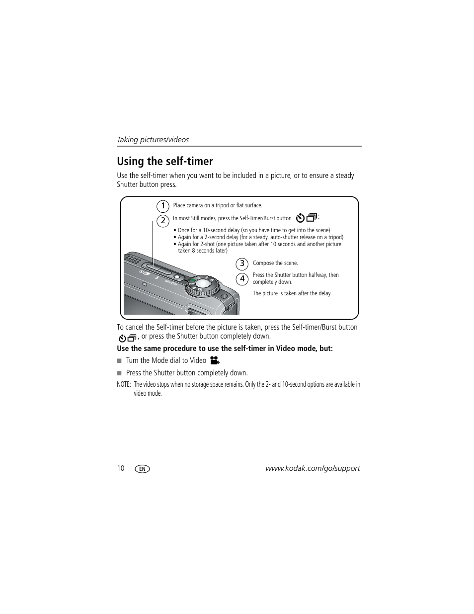 Using the self-timer | Kodak Z1275 User Manual | Page 16 / 79
