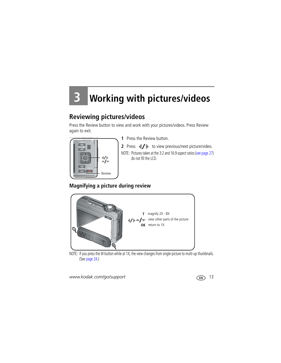 Working with pictures/videos, Reviewing pictures/videos, Magnifying a picture during review | 3 working with pictures/videos | Kodak Z1275 User Manual | Page 19 / 79