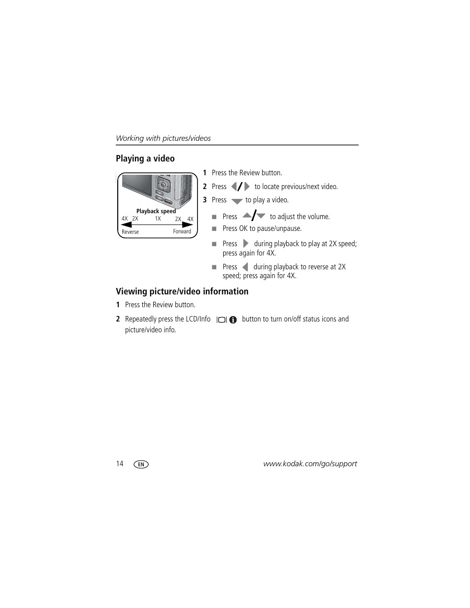 Playing a video, Viewing picture/video information | Kodak Z1275 User Manual | Page 20 / 79