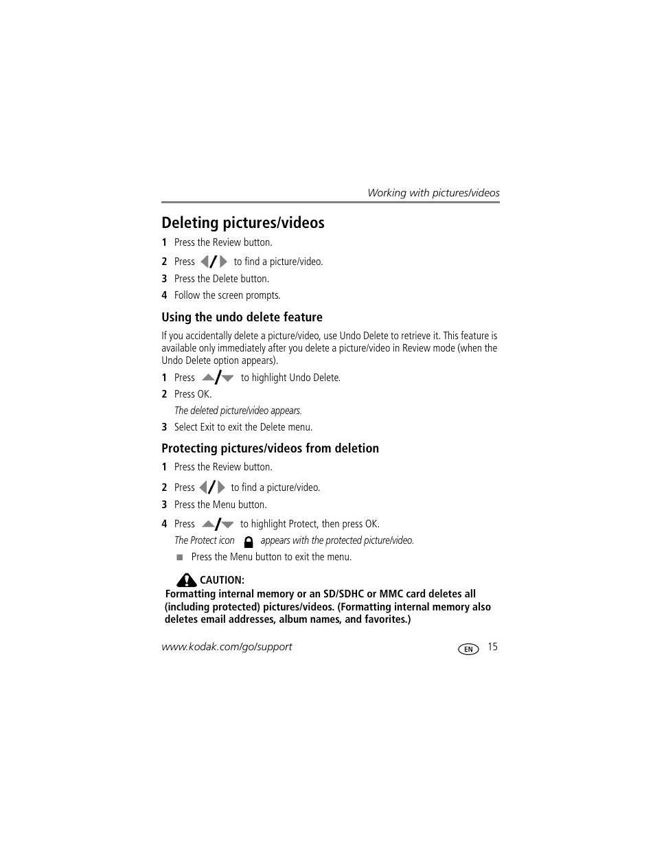 Using the undo delete feature, Protecting pictures/videos from deletion, Deleting pictures/videos | Kodak Z1275 User Manual | Page 21 / 79