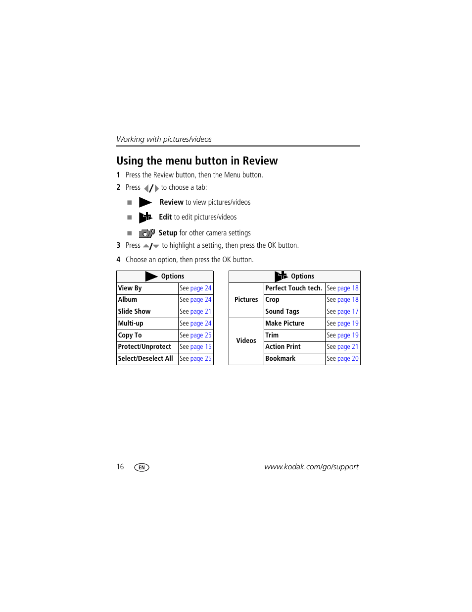 Using the menu button in review | Kodak Z1275 User Manual | Page 22 / 79