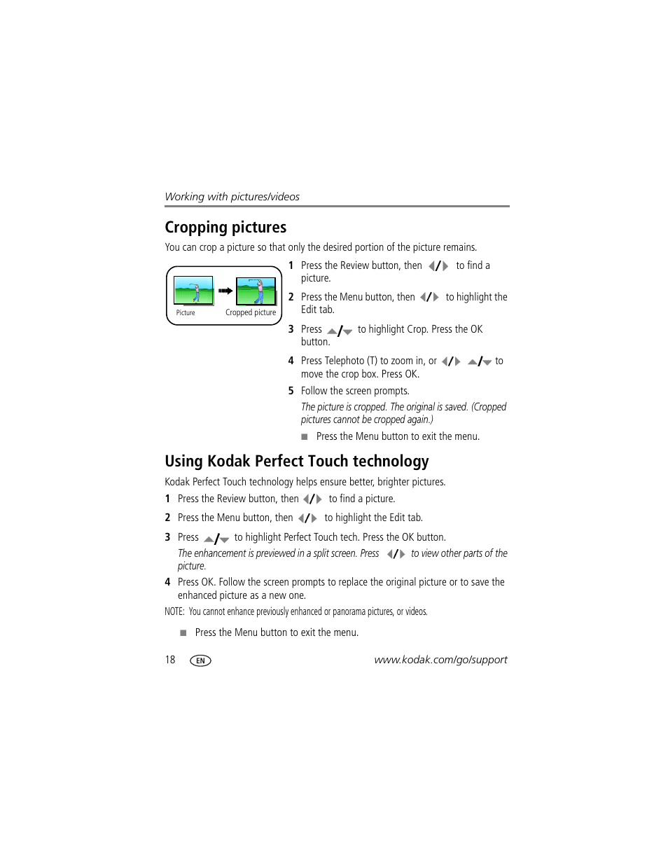 Using kodak perfect touch technology, Cropping pictures | Kodak Z1275 User Manual | Page 24 / 79